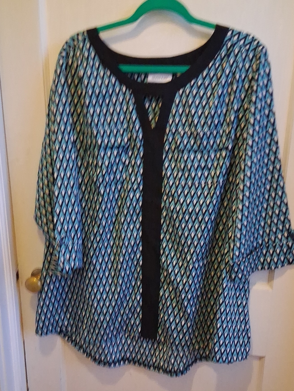 Avenue Black-Trim Geometric Print Blouse in Teal and Blue